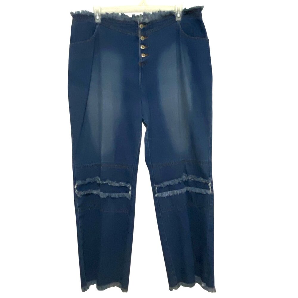 Vintage Boho Womens Wide Leg Fringe Jeans‎ 18W Blue Hippie Granola Girl Grunge
